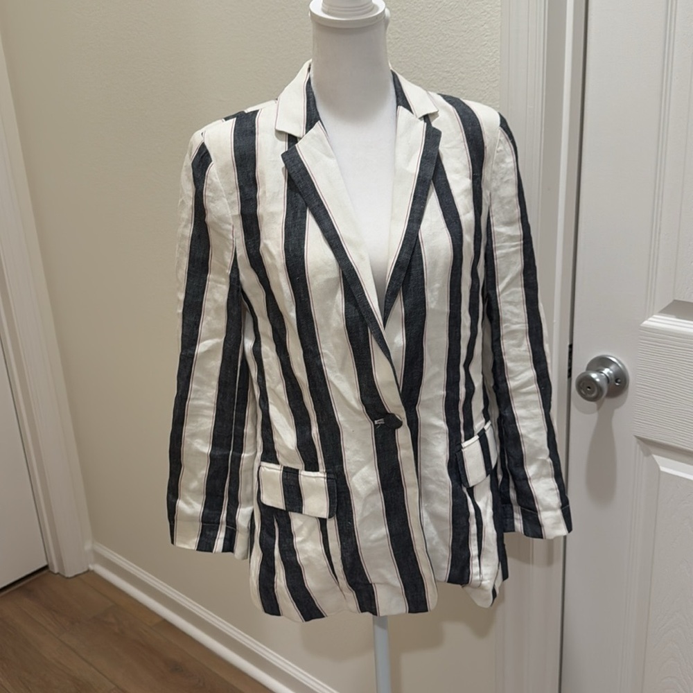 FRAME Bold Stripe Navy White Linen Blazer Sz 4 - Picture 5 of 16